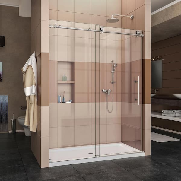 DreamLine Enigma-X 34 in. x 60 in. x 78.75 in. Sliding Shower Door in Brushed Stainless Steel with Left Drain White Acrylic Base