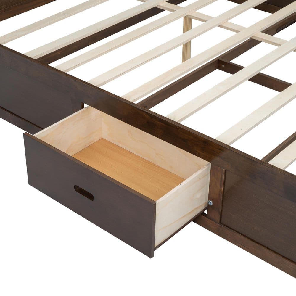 Eric Brown Wood Frame King Size Platform Bed with Storage Headboard, Charging Station, 2 Drawers, Shelves, Antique Wood - thumbnail 8