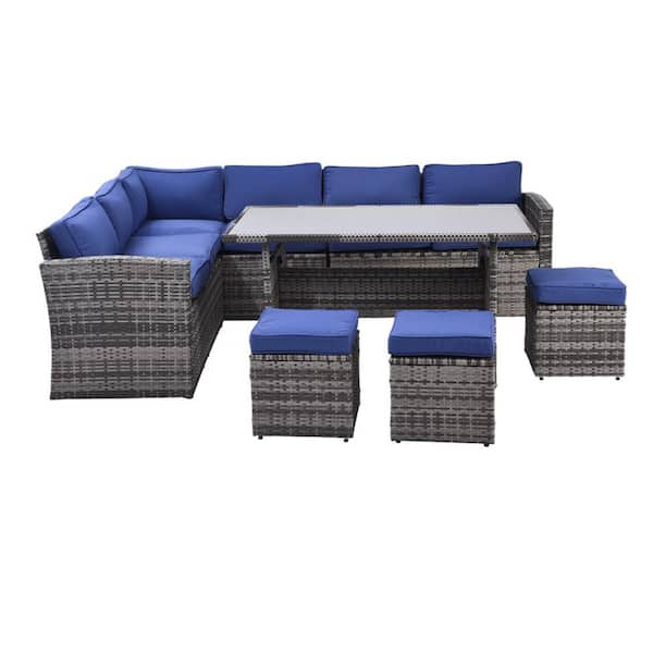 Unbranded 7-Piece All Weather Metal Outdoor Chaise Lounge Patio Furniture Set with Dining Table, Ottomans and Blue Cushions