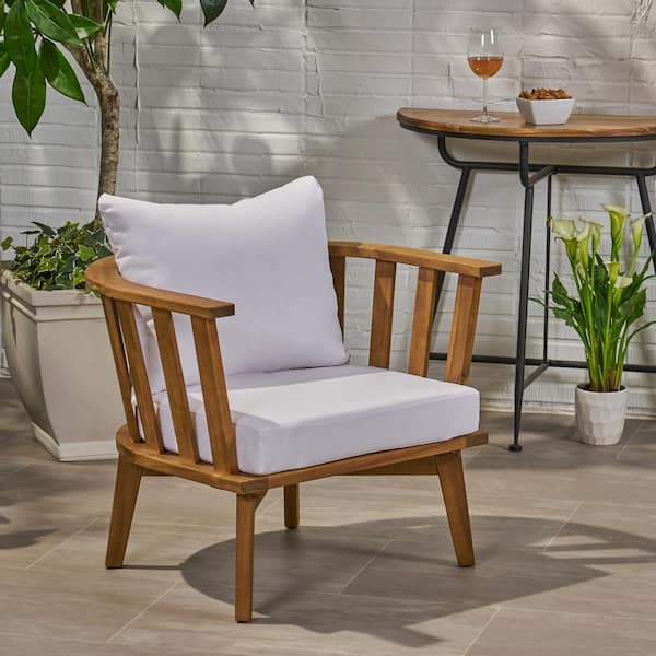 Noble House Solano Teak Brown Removable Cushions Wood Outdoor Lounge Chair With White Cushion 66162 - Patio Chairs With White Cushions