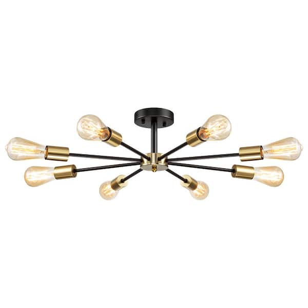 RRTYO Gallman 23.6 in. 8-Light Black Gold Mid-Century Ceiling Light Sputnik Semi-Flush Mount