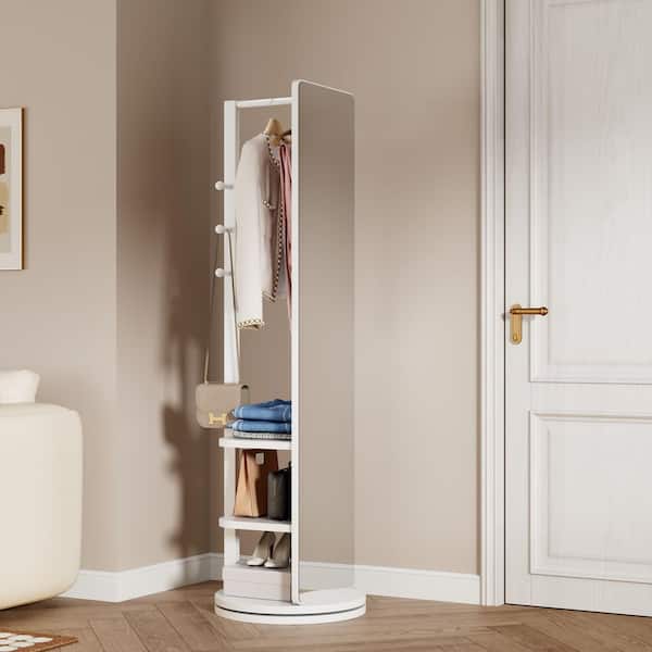Avex White 17.8 in. W x 66 in. H Rectangle Wood Framed Full Length Mirror with Coat Hooks and Storage Rack