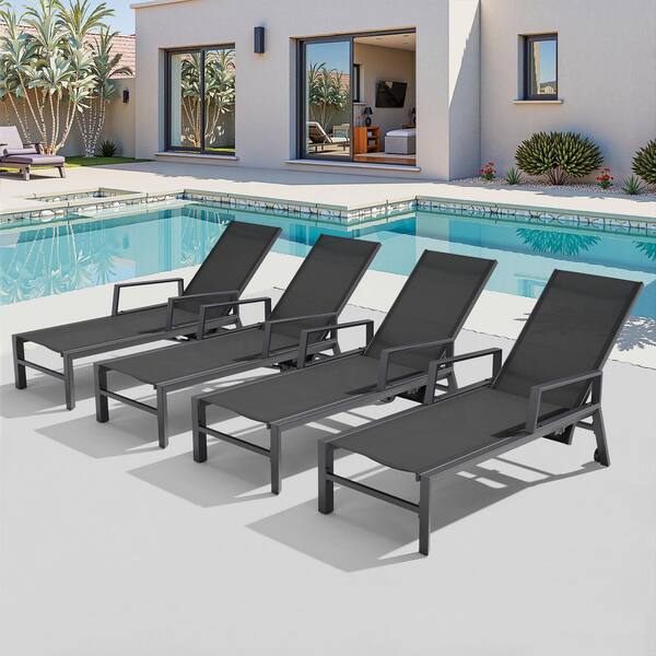 4-Piece Metal Aluminum Outdoor Chaise Lounge Chairs in Black with Adjustable Backrest, Arms and Wheels