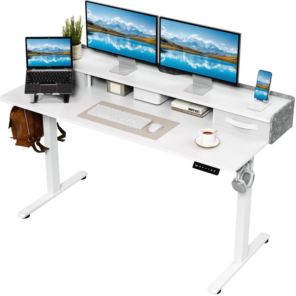 55 in. Rectangular White Electric Standing Desk with Cell Phone Stand and 2 Drawers