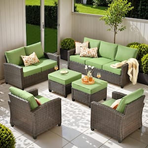 Palermo Brown 6-Piece Modern Wicker Modular Outdoor Patio Conversation Sofa Seating Set with Green Cushions