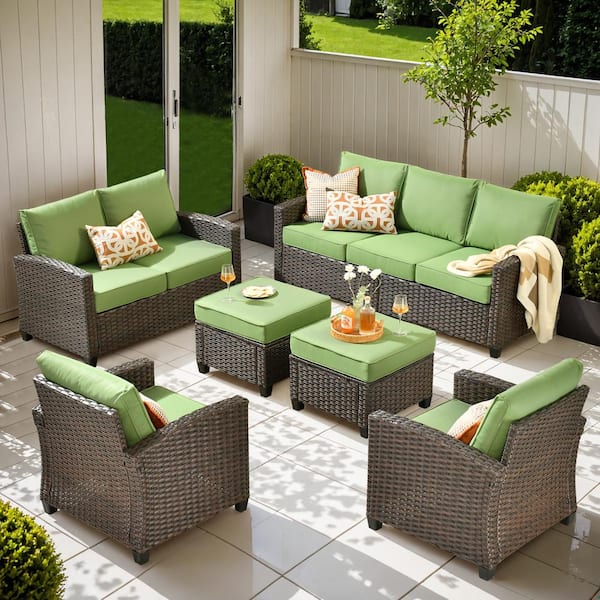 Toject Palermo Brown 6-Piece Modern Wicker Modular Outdoor Patio Conversation Sofa Seating Set with Green Cushions