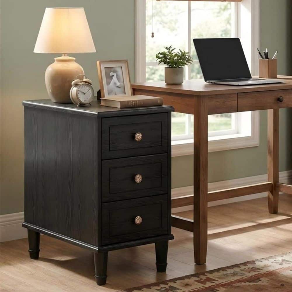 Fnova 25 in. H Solid Wood Black Rectangle End Table with 3 Drawers