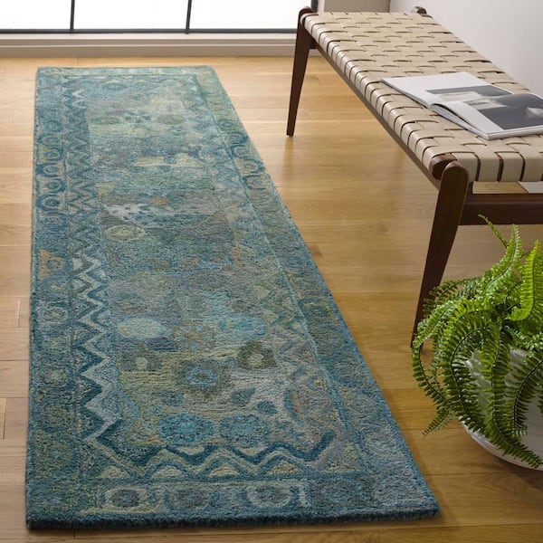 Anatolia 2 ft. x 8 ft. Aqua/Green Abstract Traditional Runner Rug