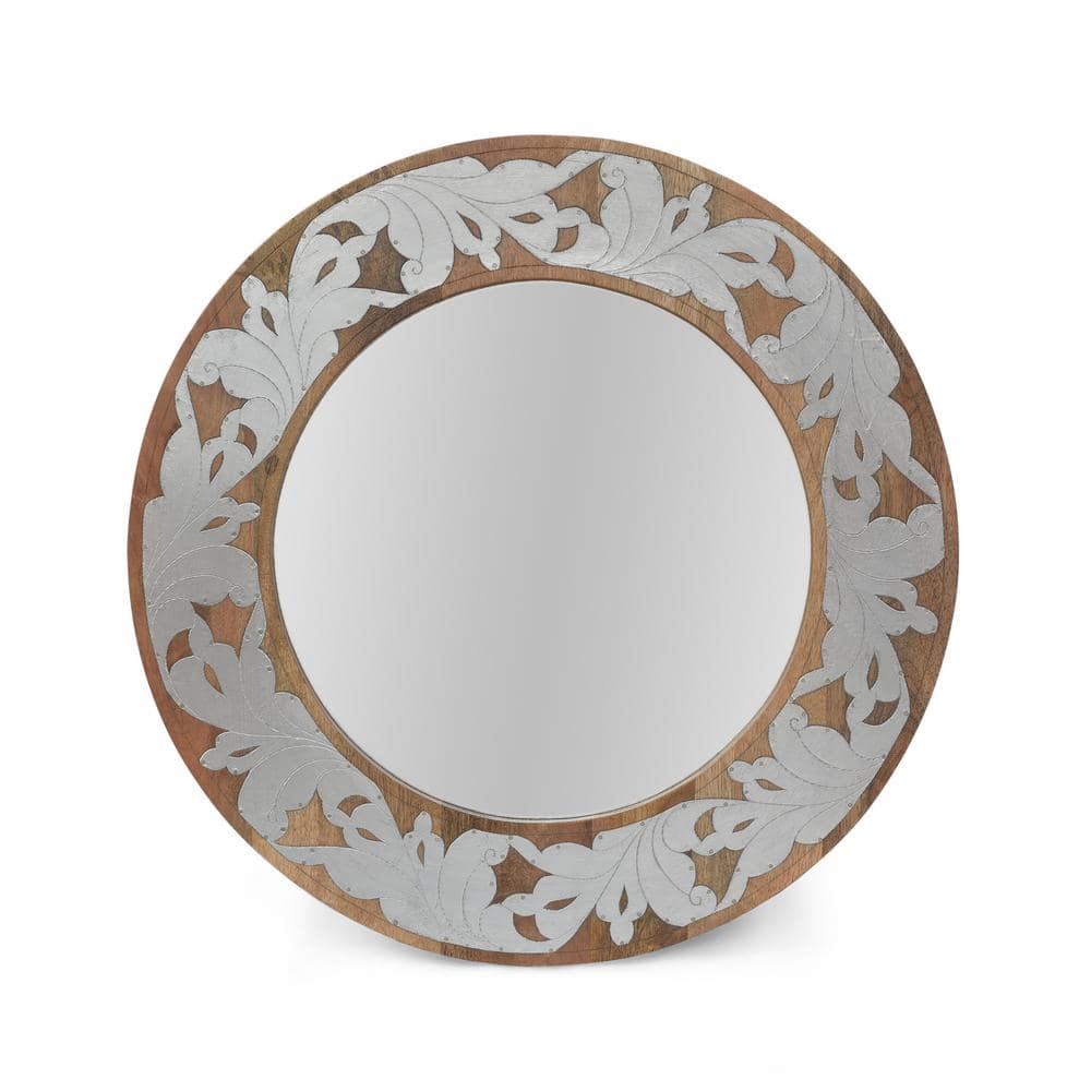 22.5 in. W x 22.5 in. H Round Wood Framed Natural Mirror for Living Room