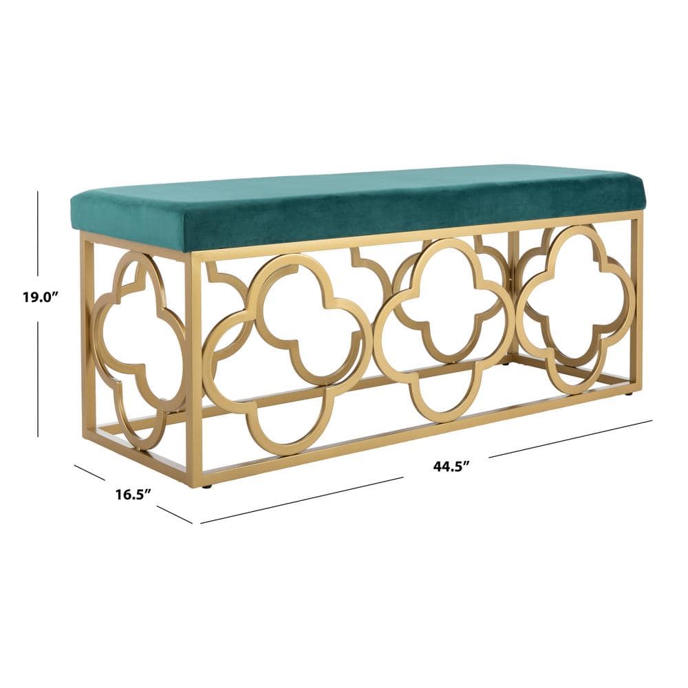 Emerald Velvet and Gold Quatrefoil 45" Bench