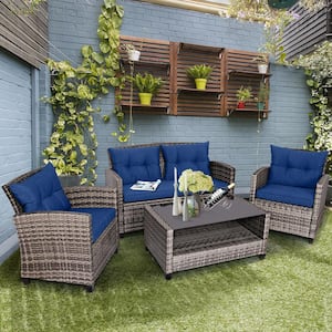 4-Piece Metal Rattan Patio Conversation Set with Coffee Table and Navy Cushioned, Tempered Glass Table
