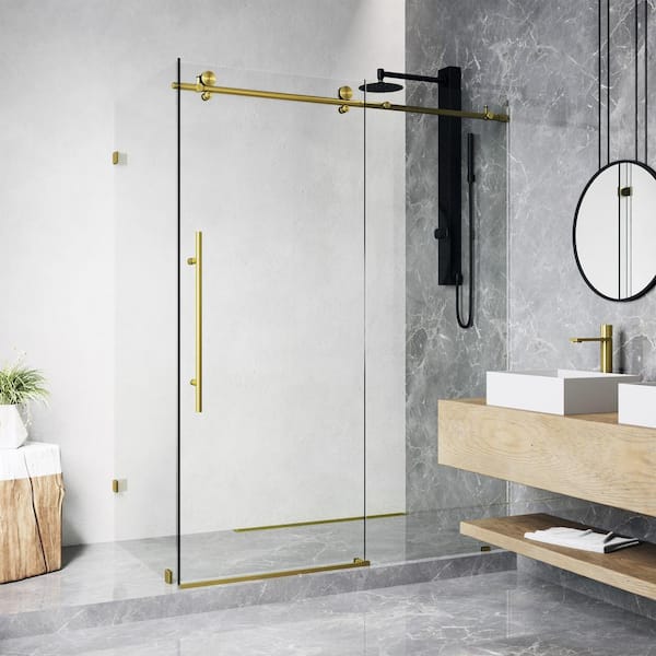 VIGO Elan E-Class 35 in. L x 46 in. W x 76 in. H Frameless Sliding Shower Enclosure in Matte Brushed Gold with Clear Glass