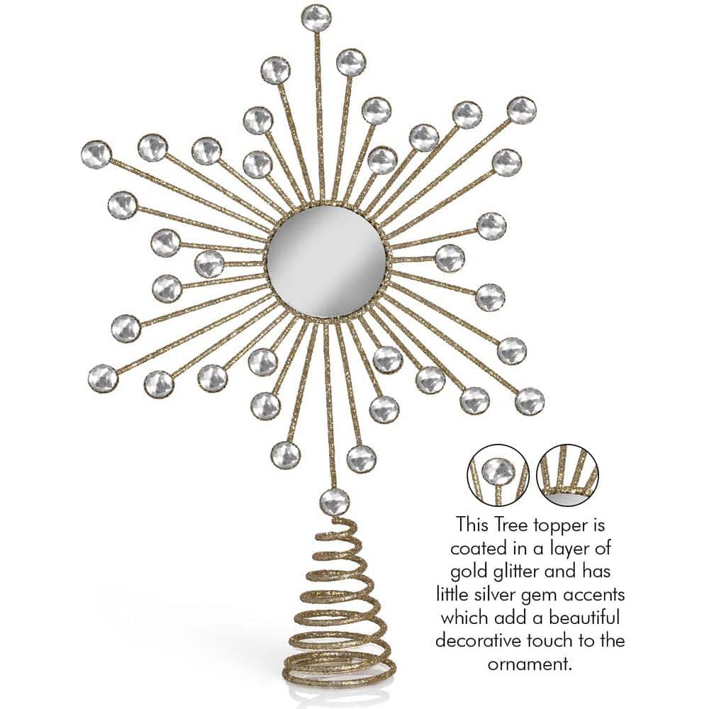 Gold Glitter Metal Wire Star Tree Topper with Silver Gems