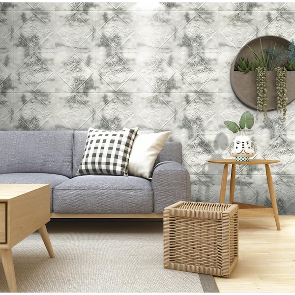 Falkirk Jura II 28 in x 28 in Peel & Stick Off White Charcoal Flowers Rhombus PE Foam Decorative Wall Paneling (10-Pack)