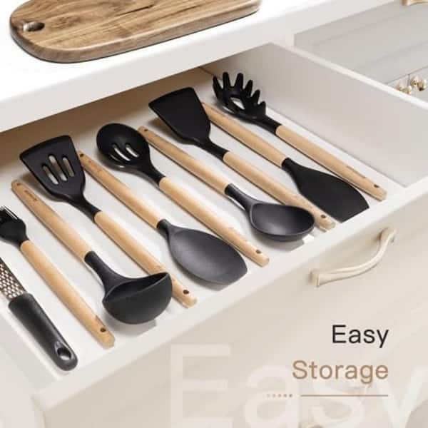 39-Piece Kitchen Utensil Set with Wooden Handle, Heat-Resistant Silicone, BPA-Free, for Nonstick Cookware (Black)