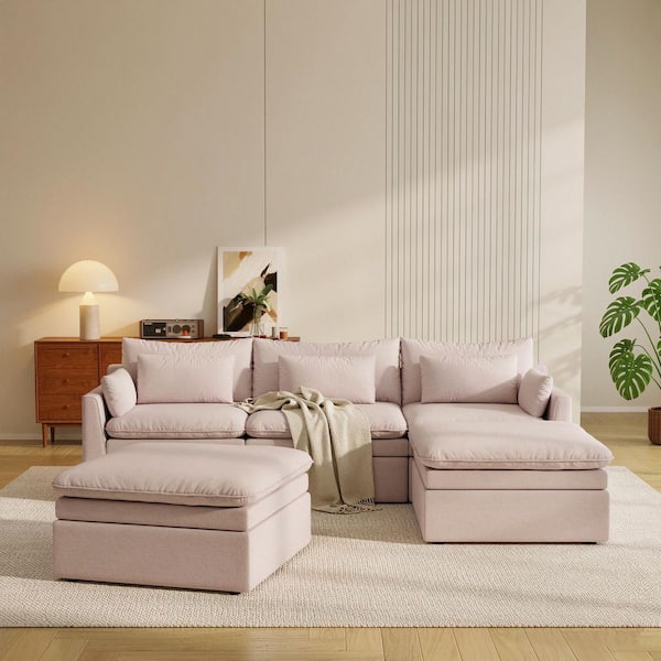 118 in. Track Arm 5-Piece Polyester Velvet Modular Sectional Sofa U-Shape Couch in Khaki with Ottomans, Machine Washsble