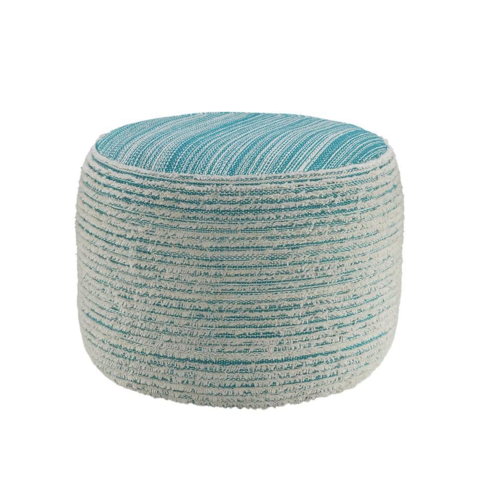 Aqua and White Textured Polyester Round Pouf Ottoman