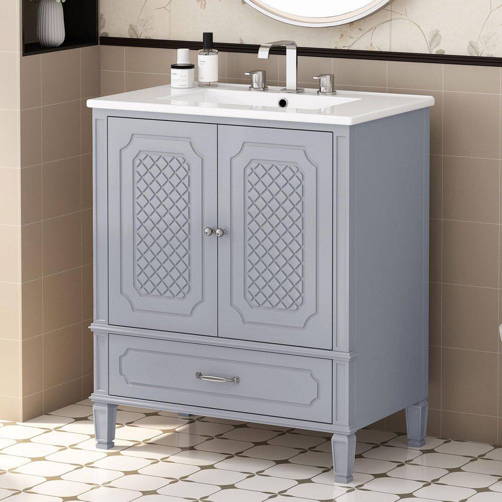 30 in. Single Sink Freestanding Gray Bath Vanity with White Ceramic Top, Adjustable Shelf and Functional Drawer price history on PriceWatchPro