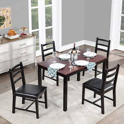 Farmhouse 5-Piece Modern Rustic Dark Brown Wood Dining Table Set with 4 Faux Leather Seats for Dining Room Restaurant