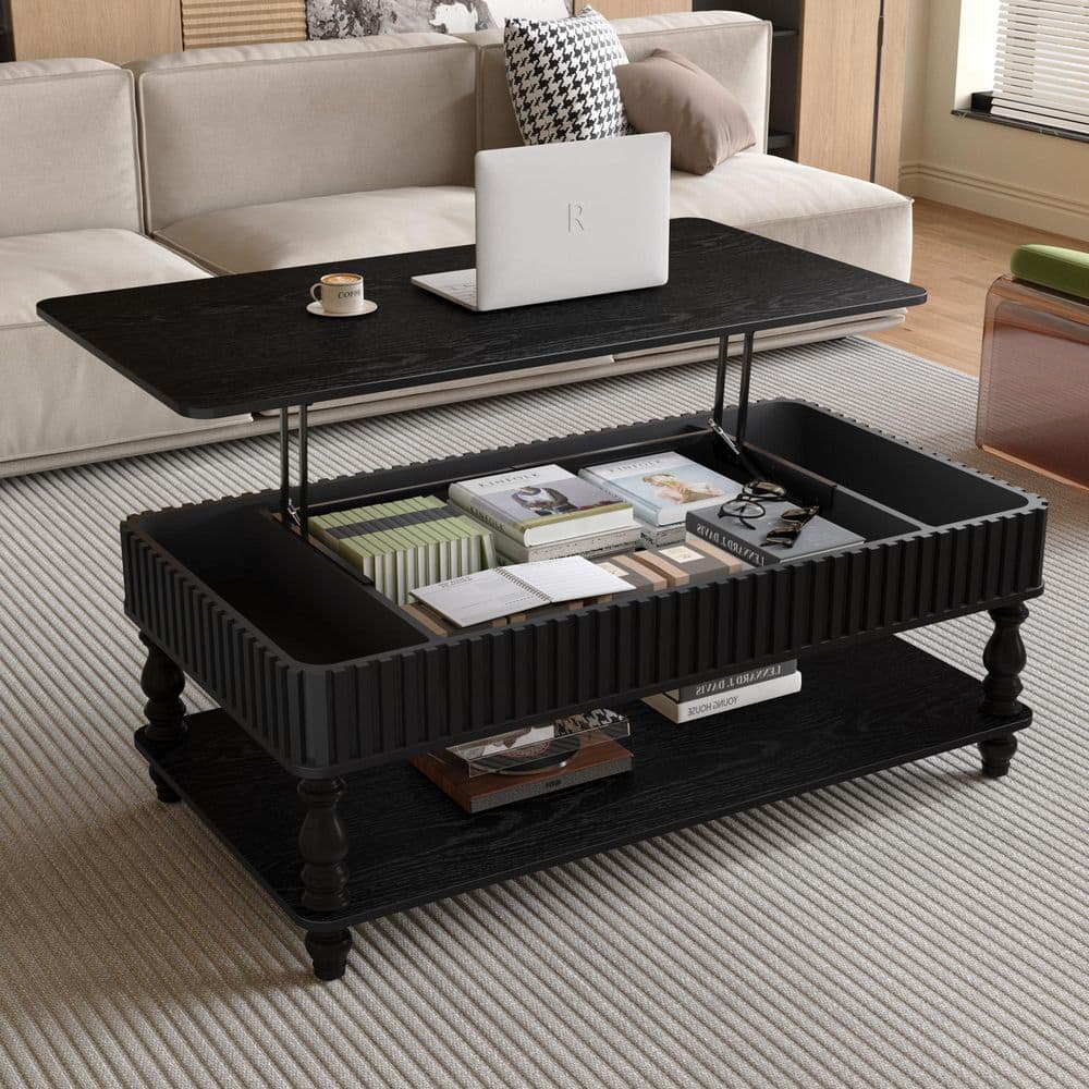Babbitt 47.24 in. Black Rectangle MDF and Solid Wood Coffee Table with Adjustable Height, Lift Top, Storage, Shelf