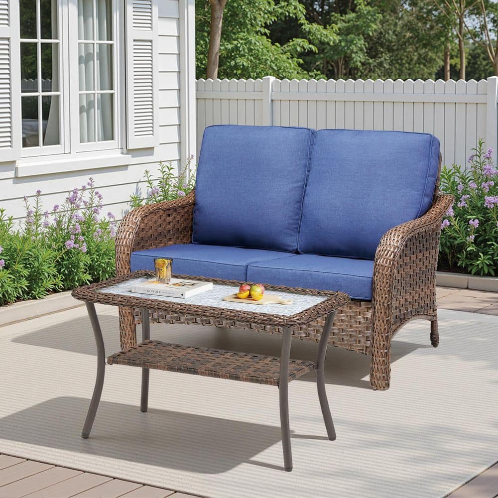 Rainf Brown 2-Piece Wicker Outdoor Loveseat Set Patio Rattan Loveseat Sofa Couch with Blue Cushions, Coffee Table price history on PriceWatchPro