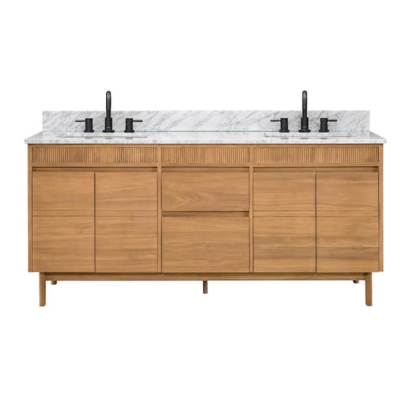 Kayla 73 in. Double Sink Natural Teak Bath Vanity with Carrara White Marble Top