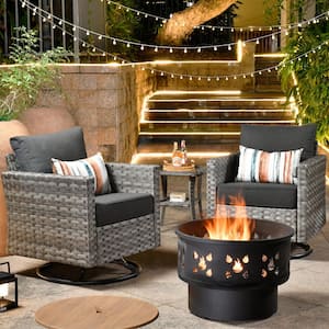 Hanes Gray 4-Piece Wicker Patio Fire Pit Swivel Seating Set with Cushion Guard Black Cushions