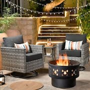 Hanes Gray 4-Piece Wicker Patio Fire Pit Swivel Seating Set with Cushion Guard Black Cushions