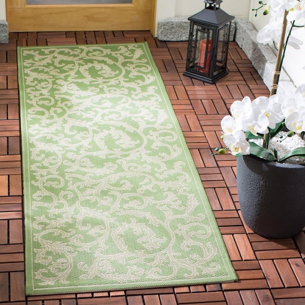Courtyard Olive/Natural 2 ft. x 10 ft. Border Indoor/Outdoor Patio  Runner Rug