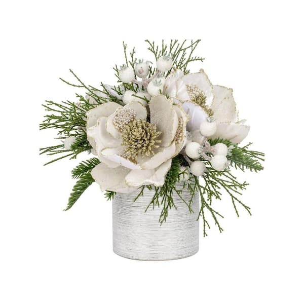 11 in. White Indoor Artificial Magnolia Centerpiece Table Decorations in Ceramic Pot