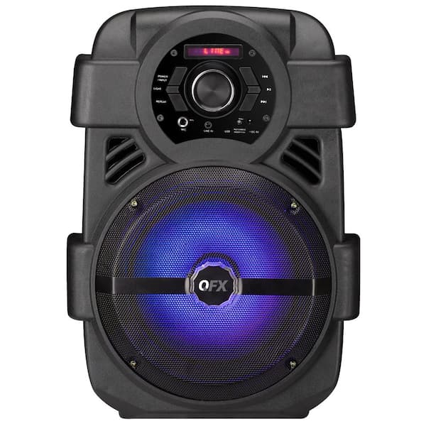 QFX Portable Bluetooth Rechargeable Party Speaker with 8 in. Woofer, FM Radio, USB Port, Aux Input and Party Light