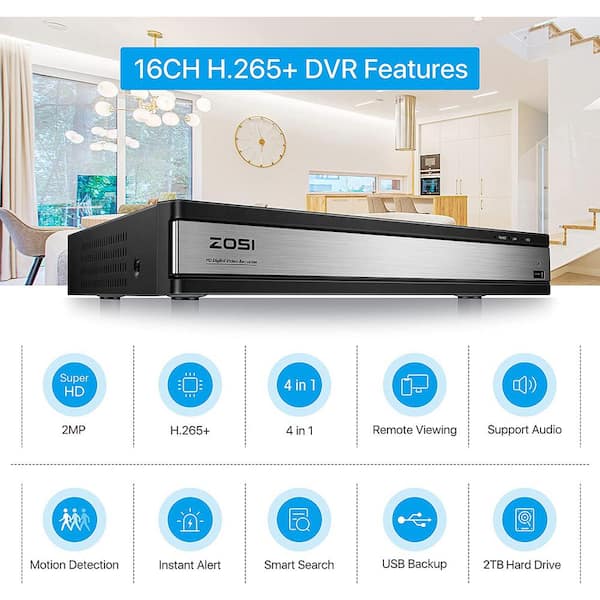 ZOSI 16-Channel 1080p 2TB DVR Security Camera System with 16 Wired