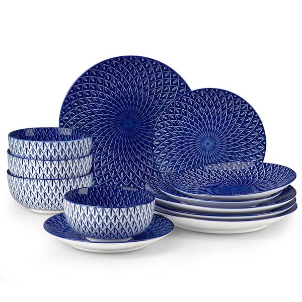 12-Piece Blue Porcelain Dinnerware Set Service for 4 Rhombus Flame Pattern Bowls and Plates Set for Kitchen Dinning