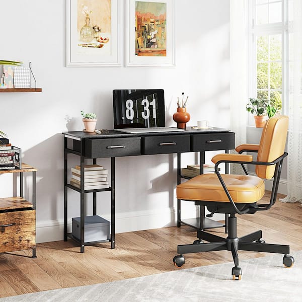 47 in. Black Writing Desk with 3 Fabric Drawers and 4 Shelves for Home Office