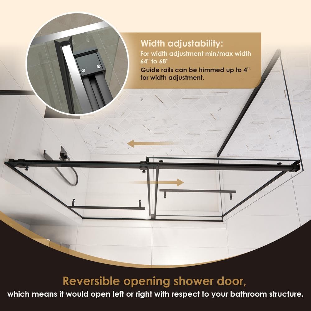 Belizzi 68" Matte Black Frameless Glass Shower Enclosure