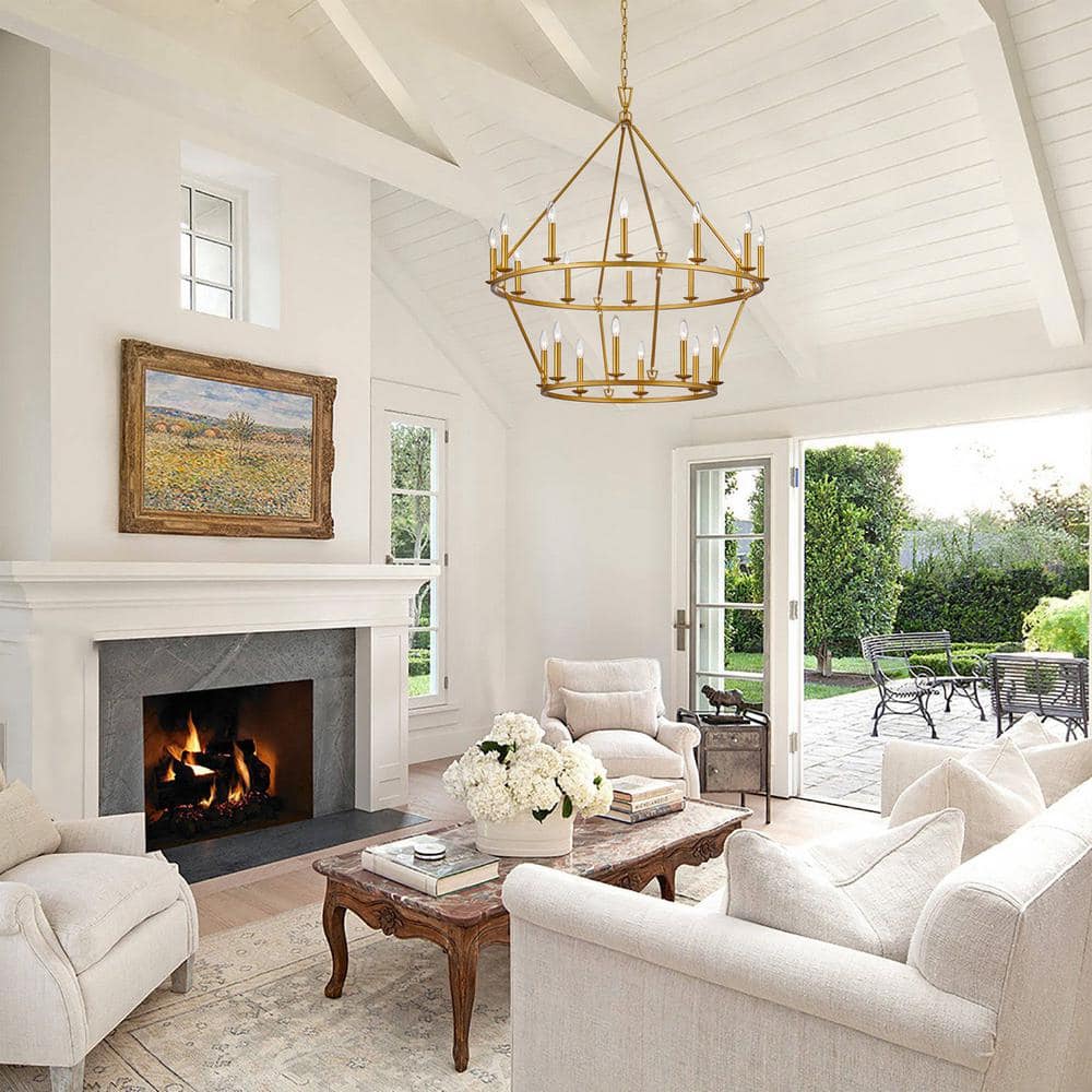 Gold 2-Tier Brass Candle-Style Chandelier with 20 Lights