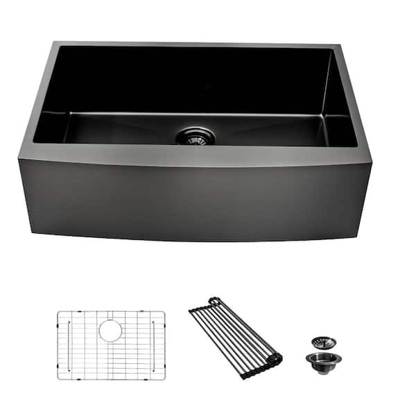 36 in. Farmhouse Single Bowl 16-Gauge Gunmetal Black Stainless Steel Kitchen Sink with Bottom Grids, Drain Board