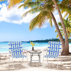 Blue Metal Folding Lawn Beach Chair Portable Sand Chair Set of 2 w/Elegant Weaving Design