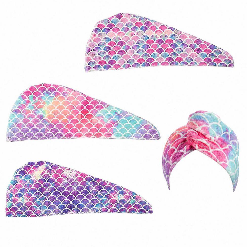 Pink Bath Accessory Type Hair Towel 3 Pack Mermaid Tail Pattern Microfiber Fast Drying Soft Absorbent Wrap