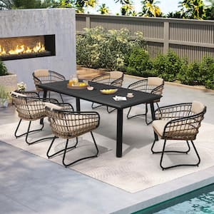 Outdoor Patio Wicker Dining Chairs PE Rattan Seating Set with Beige Cushion (Set of 2)