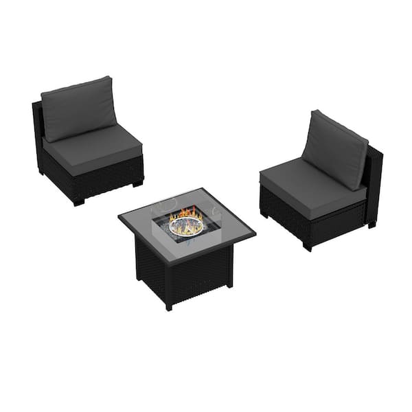 2-Piece Wicker Outdoor Patio Conversation Sectional Seating Set with Middle Chairs and Dark Gray Cushions