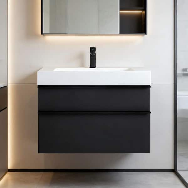 30 in. W x 19 in. D x 23 in. H Wall-Mounted Bath Vanity in Black with White Acrylic Top