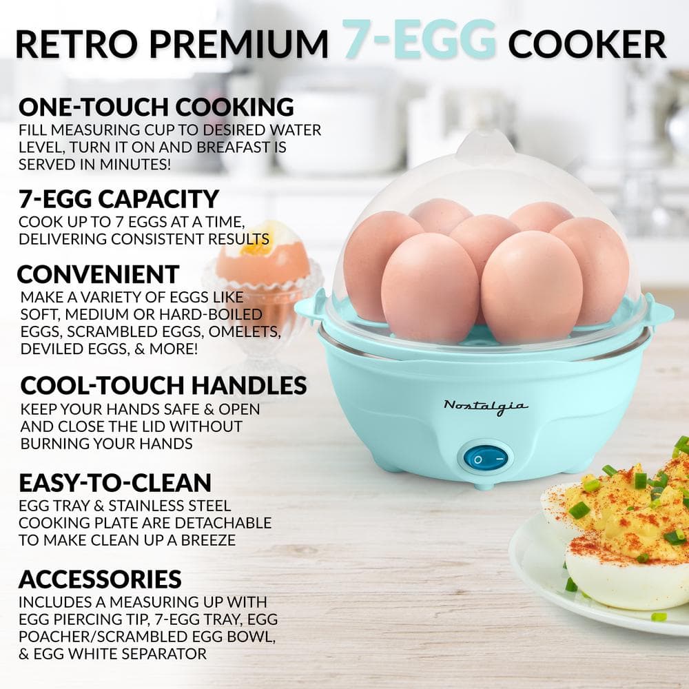 Nostalgia Retro Premium 7-Egg Capacity Electric Large Hard-Boiled Egg Cooker, Poached Eggs, Scrambled Eggs, Omelets, Egg Whites, Egg Sandwiches, With Alarm,
