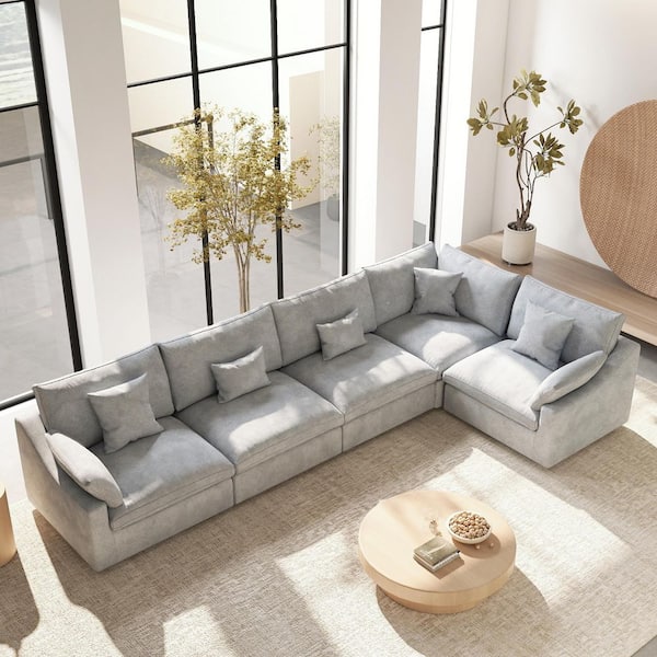 Modular Large 238 in. Flared Arm 5-Piece L-Shaped Linen Cloud Couch Sectional Sofa in Gray