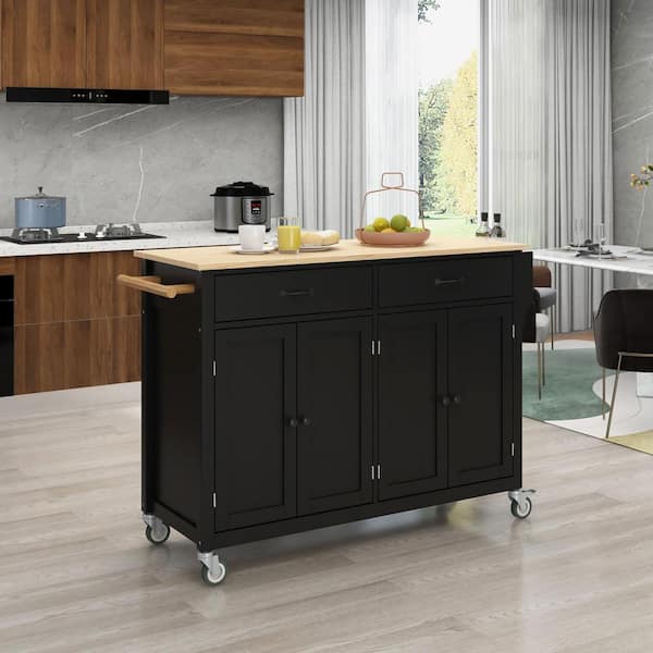 Black Wood 54.33 in.Kitchen Island with Spice Rack and Drawers