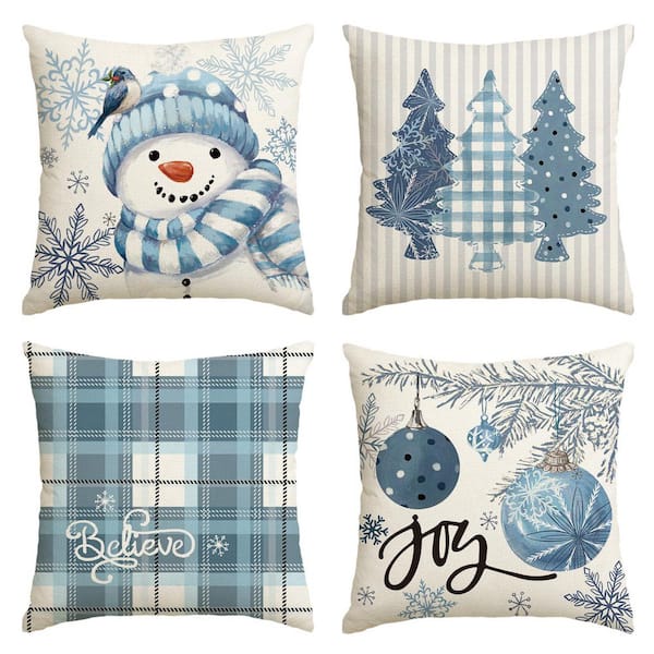 18 in. x 18 in. Winter Snowman Joy Snowflake Christmas Throw Pillow Covers for Sofa Couch, Blue (4-Pack)