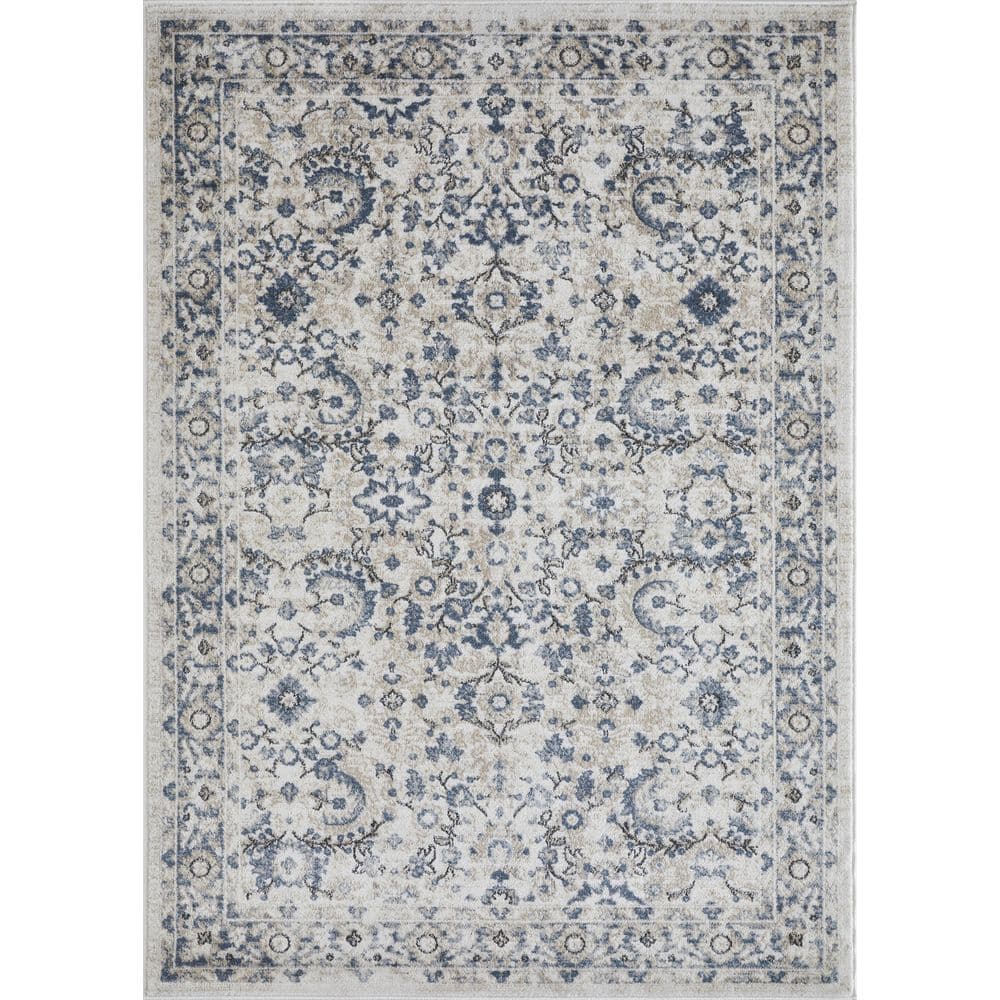 Cream and Blue Floral Border 6' x 9' Synthetic Area Rug