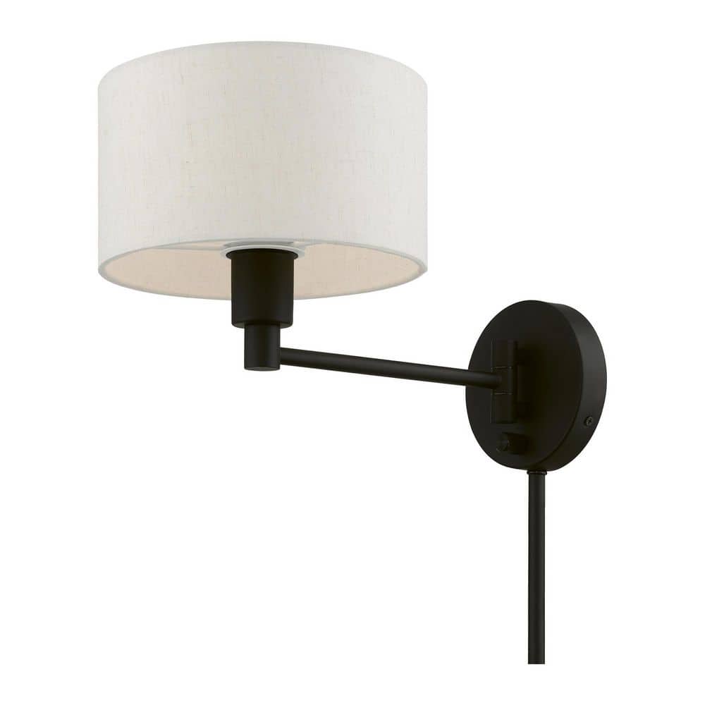 Transitional Black Swing Arm Wall Lamp with Oatmeal Fabric Shade