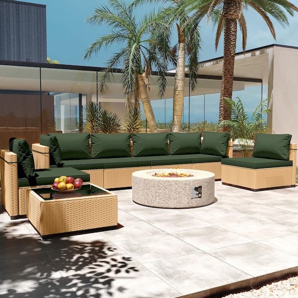 PATIOGUARDER 8-Piece Wicker Patio Conversation Set with Cushions and 42 in. Outdoor Round Fire Pit Table, Pine Green Cushions