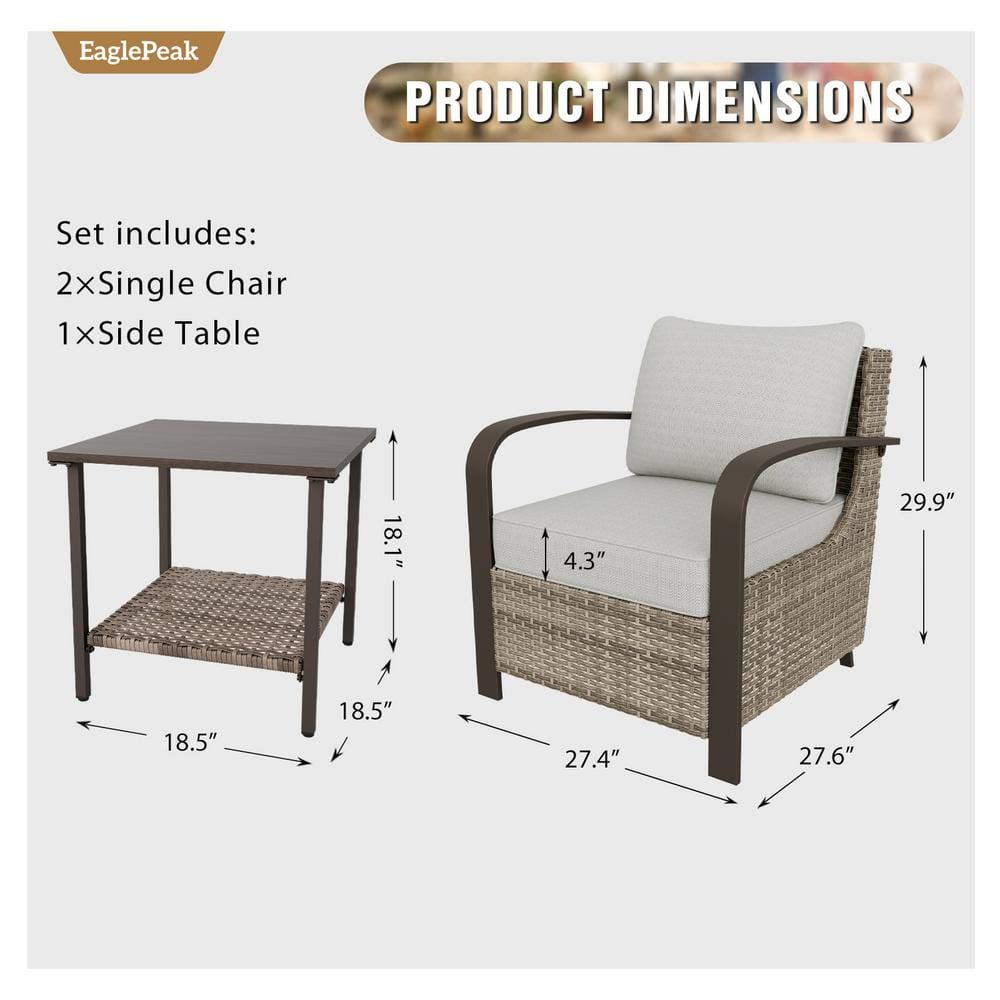 Beige Wicker Rattan 3-Piece Outdoor Chair Set with Side Table